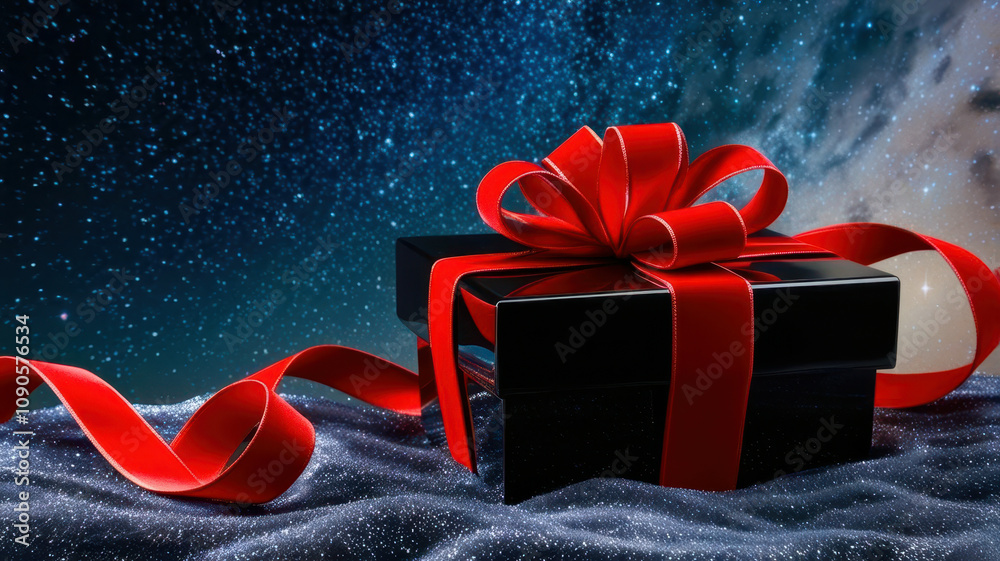 Poster a black box with a red ribbon on top of a snowy surface