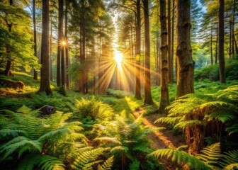 Obraz premium Serene Forest Scene with Sunlight Filtering Through Trees, Tranquil Nature Atmosphere, Beautiful Landscape Photography, Peaceful Outdoor Setting, Lush Greenery and Soft Light