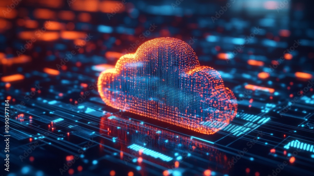 Poster A cloud is displayed on a computer screen with a blue and red background