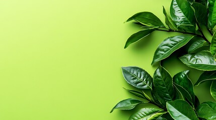 Fototapeta premium of green tea leaves on the right side, against a vibrant solid color background. The leaves should be detailed and fresh with natural textures. This design is intended for a mobile wallpaper