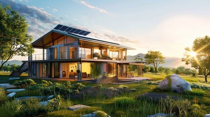 Obraz premium Modern Sustainable Smart House with Renewable Green Energy, Wind Turbine, and Solar Panel. Smart home powered by renewables energy.