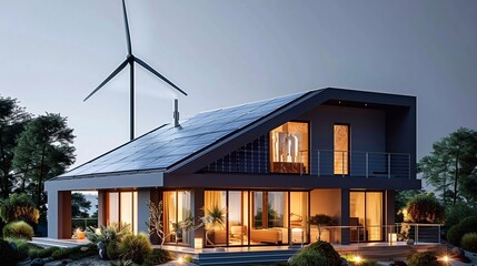 Modern Sustainable Smart House with Renewable Green Energy, Wind Turbine, and Solar Panel. Smart home powered by renewables energy.