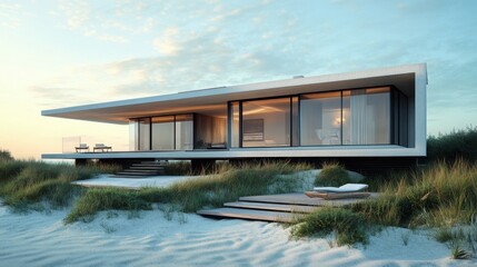 Fototapeta premium Modernist beach house with cantilevered decks.