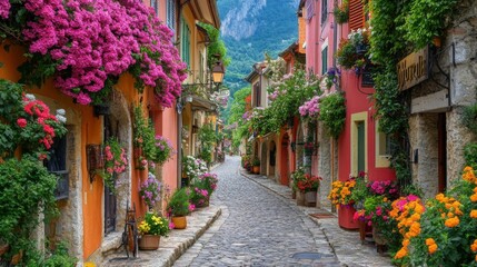 Fototapeta premium Picturesque village streets lined with vibrant flowers, leading to quaint cafes and charming shops.