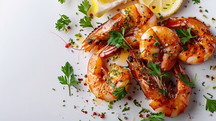 Sauteed shrimps and prawns seasoned with garlic, herbs, and lemon, displayed on white background with copy space image