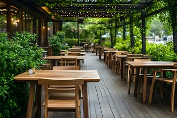 Empty Outdoor Cafe with Wooden Tables and Green Plants