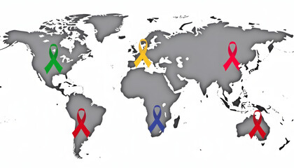 Obraz premium World map with colored ribbons marking regions, symbolizing global cancer awareness efforts