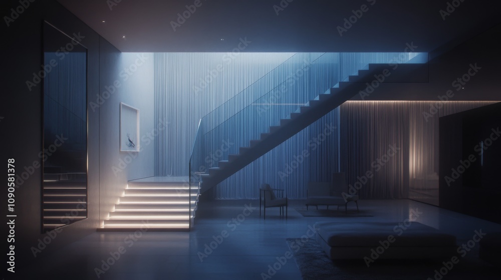 Aufkleber Modern Minimalistic Interior Design of Contemporary Living Space with Elegant Staircase and Soft Ambient Lighting Creating a Serene Atmosphere