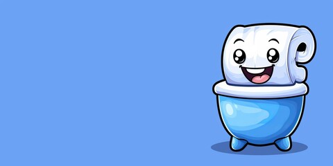 Cheerful cartoon toilet paper character smiling in a playful blue bathroom setting on a light blue background