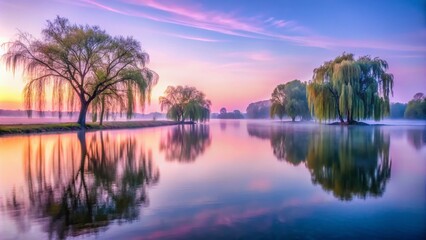 Obraz premium Serene Long Exposure of a Misty Lake Landscape Framed by Graceful Weeping Willow Trees at Dawn, Capturing Tranquility and Natural Beauty in Soft, Dreamy Hues