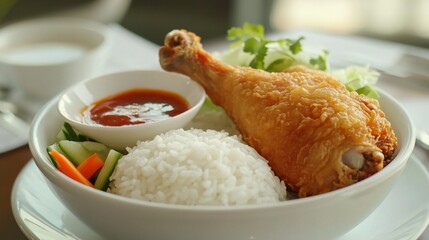 Crispy Fried Chicken Drumstick Served with Steamed Rice, Fresh Vegetables, and Tangy Sauce in a Bowl on a Clean White Plate for a Delicious Meal Experience