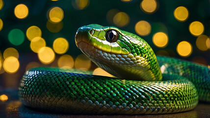 Fototapeta premium Happy New Year 2025. The symbol of the year is a green snake on the background of a Christmas tree. A festive poster or banner for a party and New Year's Eve.