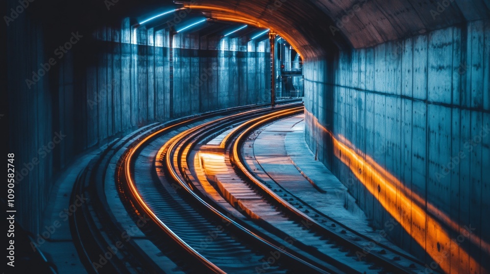 Fototapete vibrant urban subway tunnel with curved train tracks and ambient lighting at night creating a myster