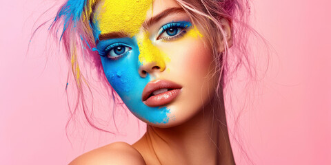 Fototapeta premium A woman with blue and yellow face paint
