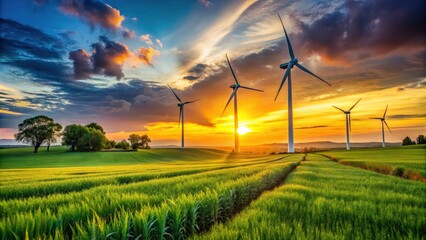Wind Turbines at Dusk in Lush Green Fields - Renewable Energy Production, Sustainable Agriculture, Clean Power Generation, Eco-Friendly Landscape, Nature Conservation