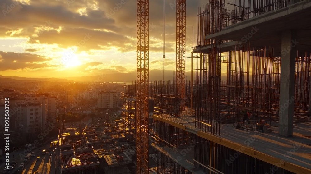 Poster a construction site with a crane in the background and a sunset in the distance