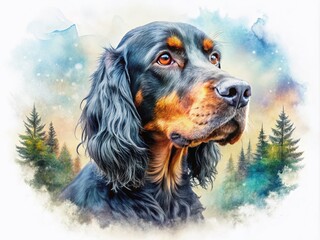Serene Watercolor Portrait of a Gordon Setter Dog in Double Exposure Style, Capturing Artistic Beauty and Tranquility with Ample Copy Space for Creative Use
