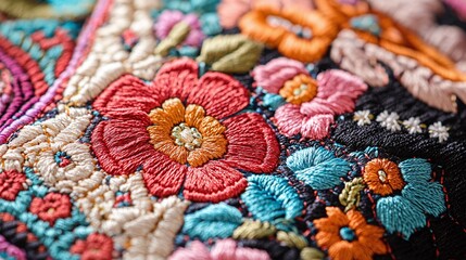 Obraz premium embroidery floral design with vibrant textile art and intricate handmade craftsmanship.