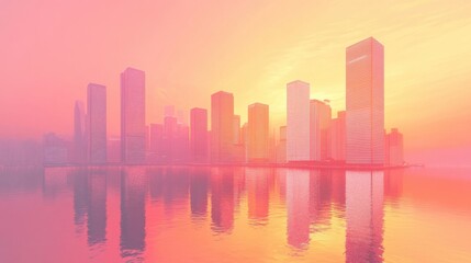 Obraz premium Urban skyline at sunrise with vibrant colors reflecting on glass buildings and calm water creating a serene and dreamy atmosphere in a modern city landscape