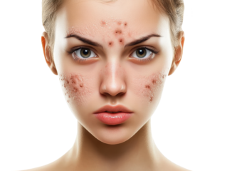 A close-up of a young woman's face showing skin with acne, featuring prominent blemishes and a serious expression.