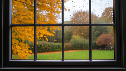 Rainy window with autumn foliage view