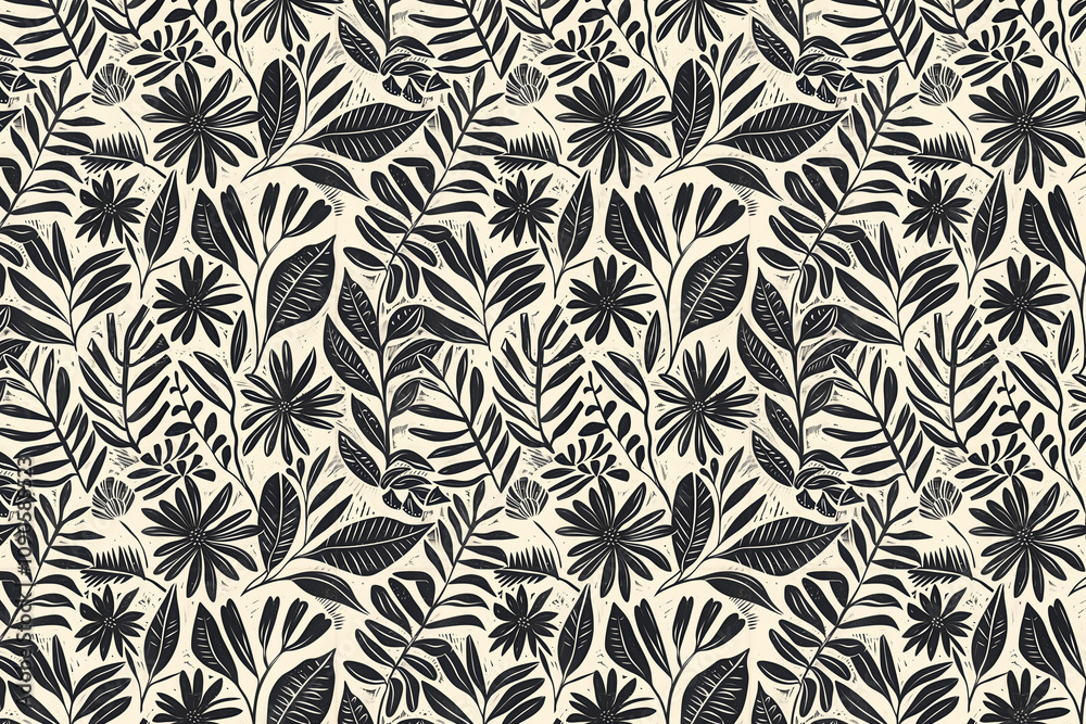 Poster toile pattern tapestry. linocut print. monochrome botanical pattern background. created with generat