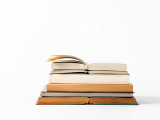 Fototapeta premium A neat pile of books with one book open on top, isolated on white background, reading, study, education