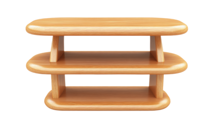 A wooden shelf with three tiers, showcasing a smooth, oval design and sturdy construction, ideal for displaying items.