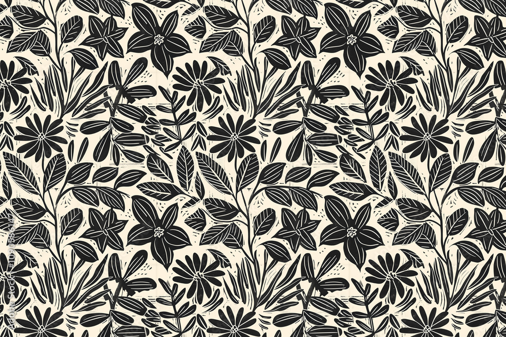 Poster toile pattern tapestry. linocut print. monochrome botanical pattern background. created with generat