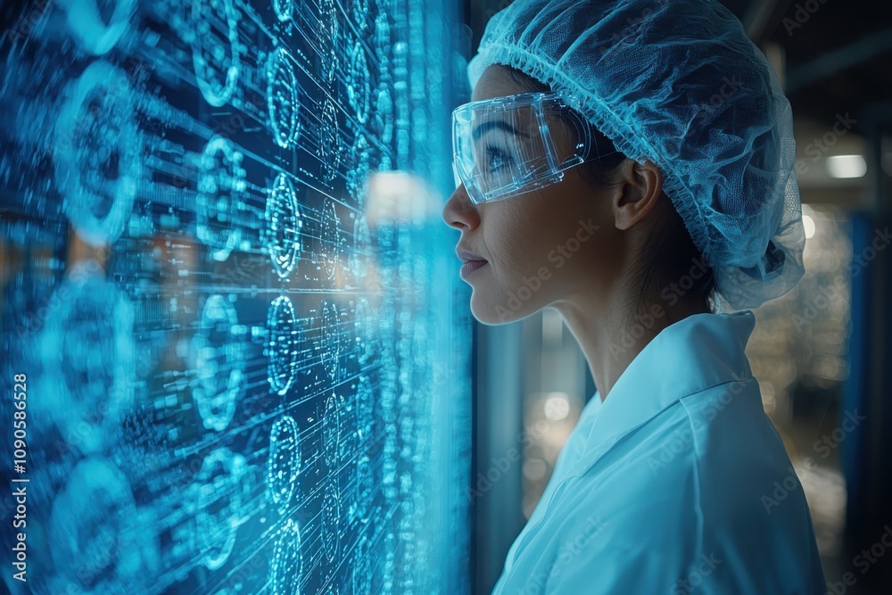 Poster data scientist analyzing vast data sets in a high-tech environment for insights and innovations