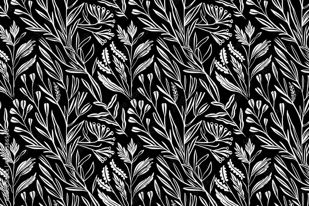 Poster toile pattern tapestry. linocut print. monochrome botanical pattern background. created with generat