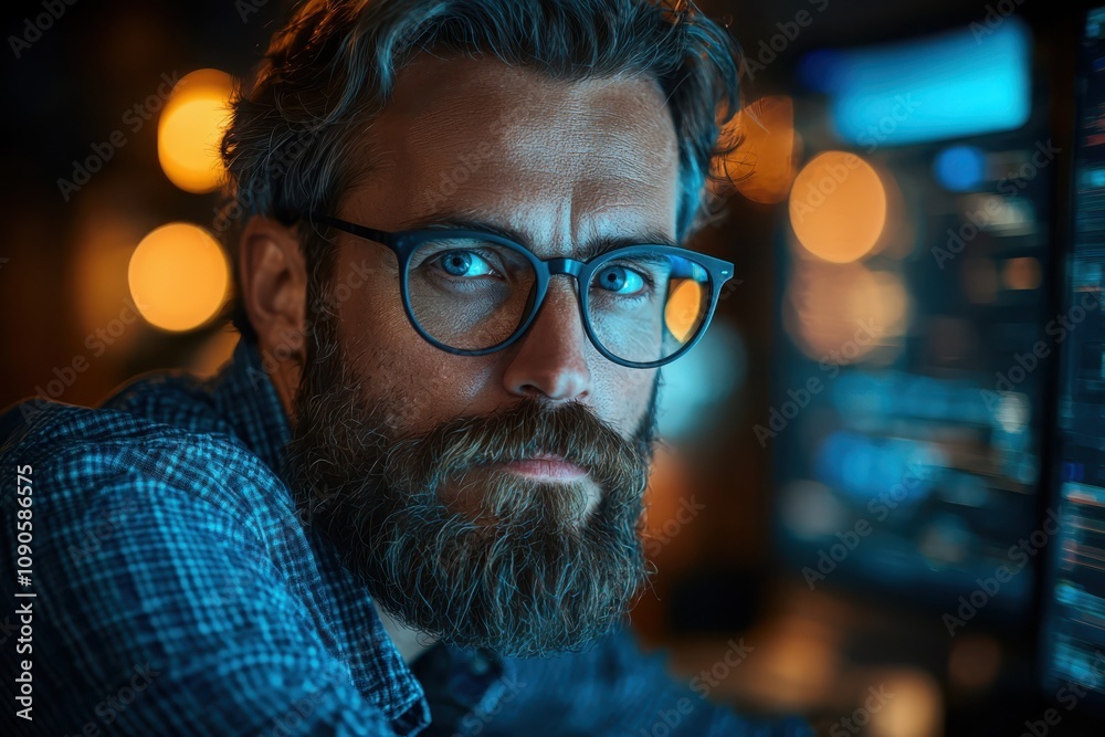 Poster data scientist analyzing vast data insights tech lab research report digital workspace expert perspe