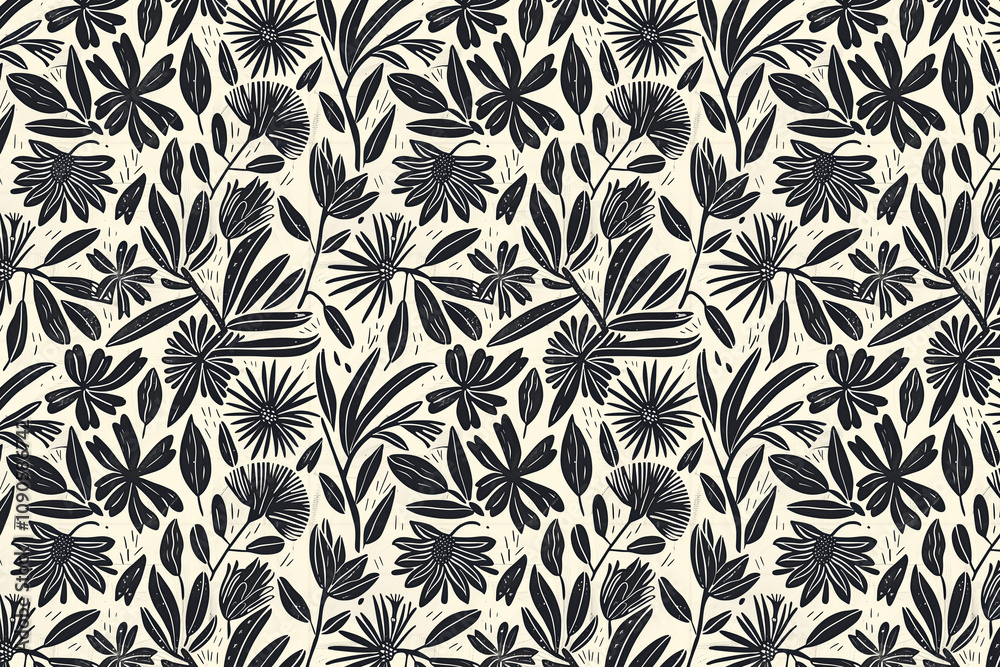 Poster toile pattern tapestry. linocut print. monochrome botanical pattern background. created with generat