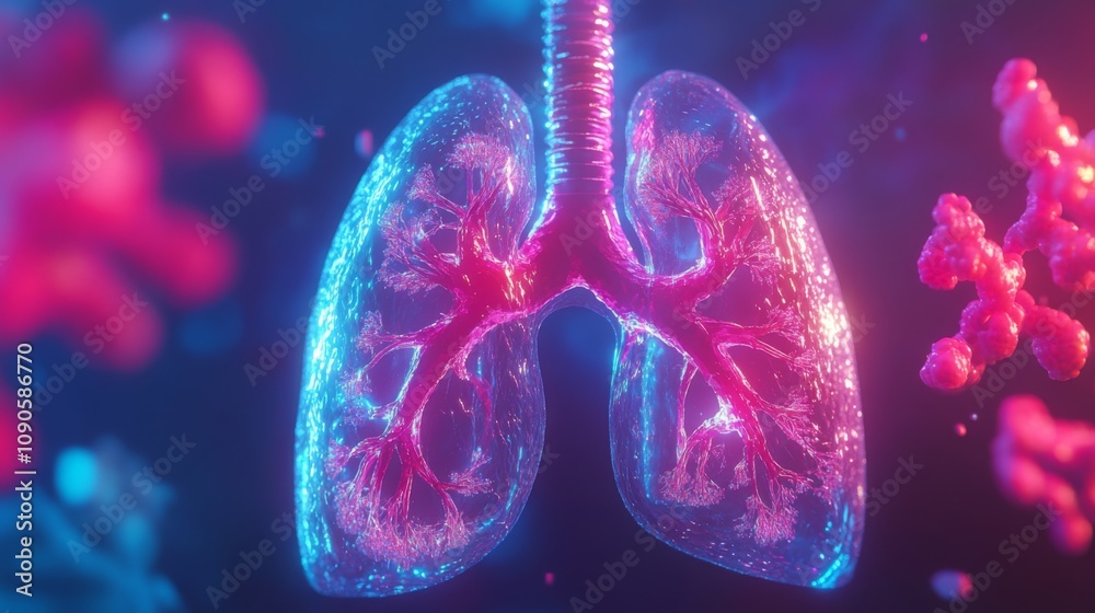Poster stunning and colorful 3d representation of human lungs surrounded by vibrant particles symbolizing b