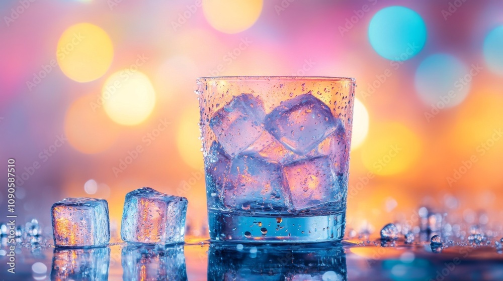 Aufkleber Glass of Water with Ice Cubes on a Reflective Surface Surrounded by Colorful Bokeh Lights Creating a Vibrant and Refreshing Atmosphere for Beverage Photography