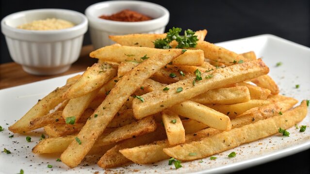 Crisp cajun french fries arranged in a neat pile on a white plate, fitness, organized snack, wellness