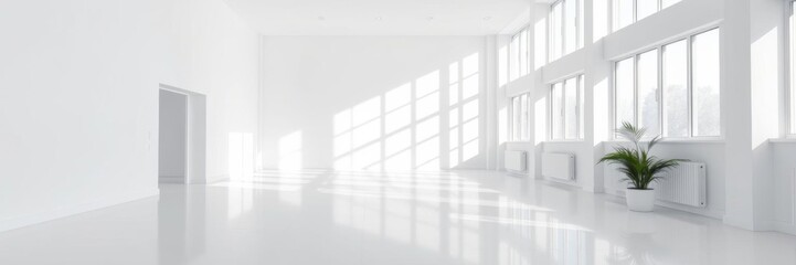 Fototapeta premium Bright and modern white living room with floor-to-ceiling windows, spacious, white, clean