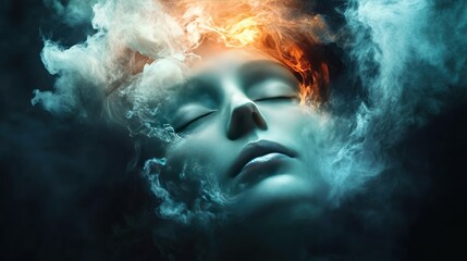 Fototapeta premium A serene face emerging from swirling smoke with fiery accents, symbolizing deep thoughts.