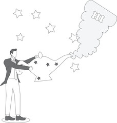 Businessman is rubbing his magic lamp and then a speech bubble comes out