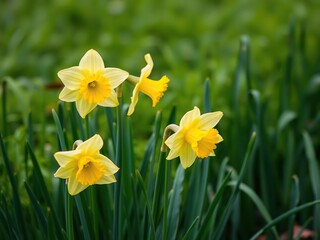 Fototapeta premium Daffodils standing tall in a lush green field, landscape shot, yellow flowers, botanical photography