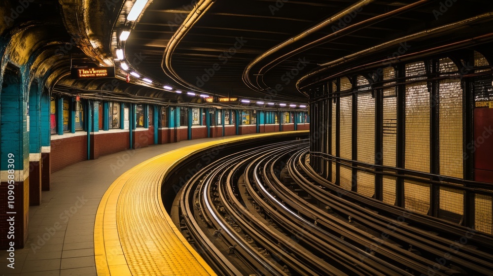 Poster curved subway platform with yellow strip and tracks under underground tunnel in a city metro station