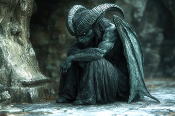a dark mythical creature resembling a gargoyle or demon, sitting in a pensive pose against an ancient stone wall.  