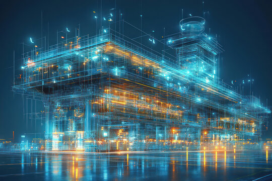 abstract visualization of a building in the style of digital techno art, made with bright blue and orange lines. 