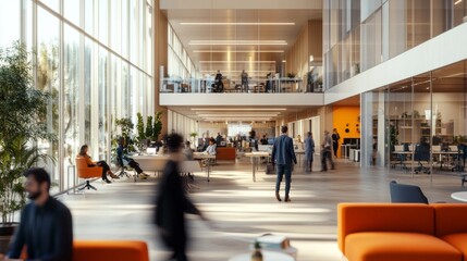 A busy office with people walking around and sitting in chairs