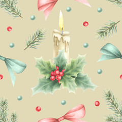 Christmas watercolor seamless pattern with candle, bows, holly, berries, leaves and spruce branch. Hand drawn winter illustration on beige background for New Year festive packaging paper and textile.