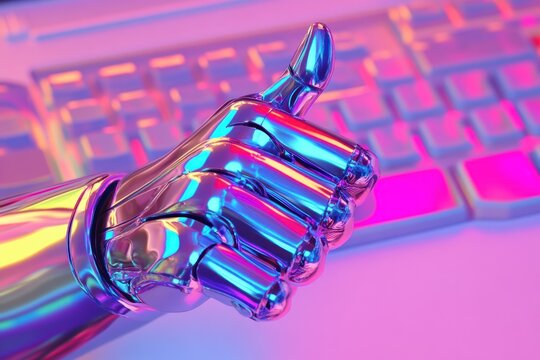 Futuristic robotic hand gives thumbs up on keyboard.