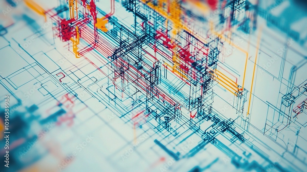 Poster abstract lines and shapes in vibrant colors representing technological connections and network syste