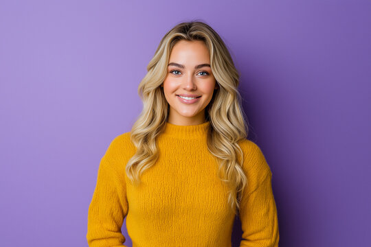 young blonde woman stands against vibrant purple background, smiling warmly. She wears cozy yellow sweater, exuding cheerful and friendly vibe