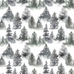 Fototapeta premium Watercolor hand drawn snowy forest trees seamless pattern, gray color landscape repeat paper