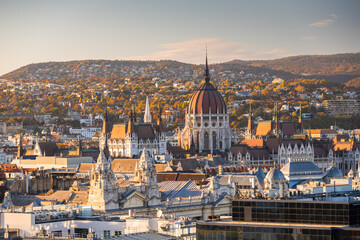 Budapest Parliament from above. Aerial view during sunset of the roof of Budapest Palace of the Parliament historical landmark building. Travel to Hungary.